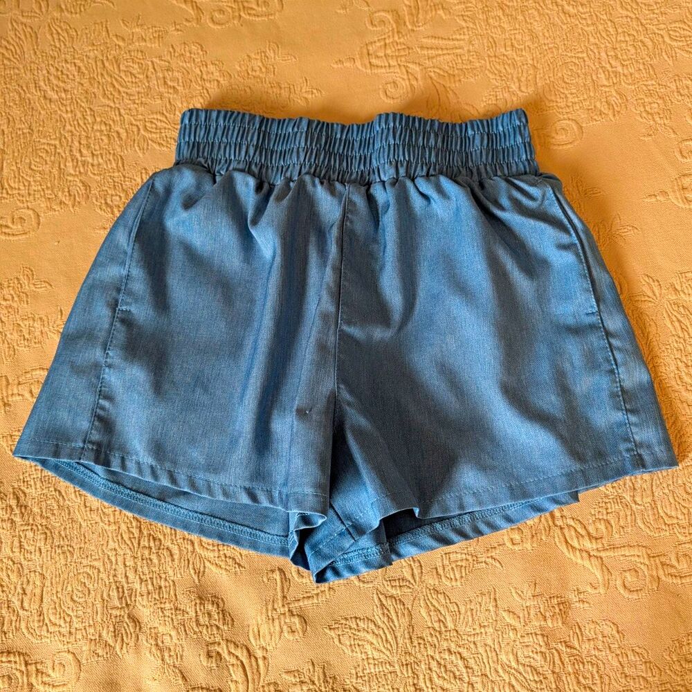 glam Women's Pull-On Shorts Blue S Solid Elastic Waist Slash Pockets 1.5"
